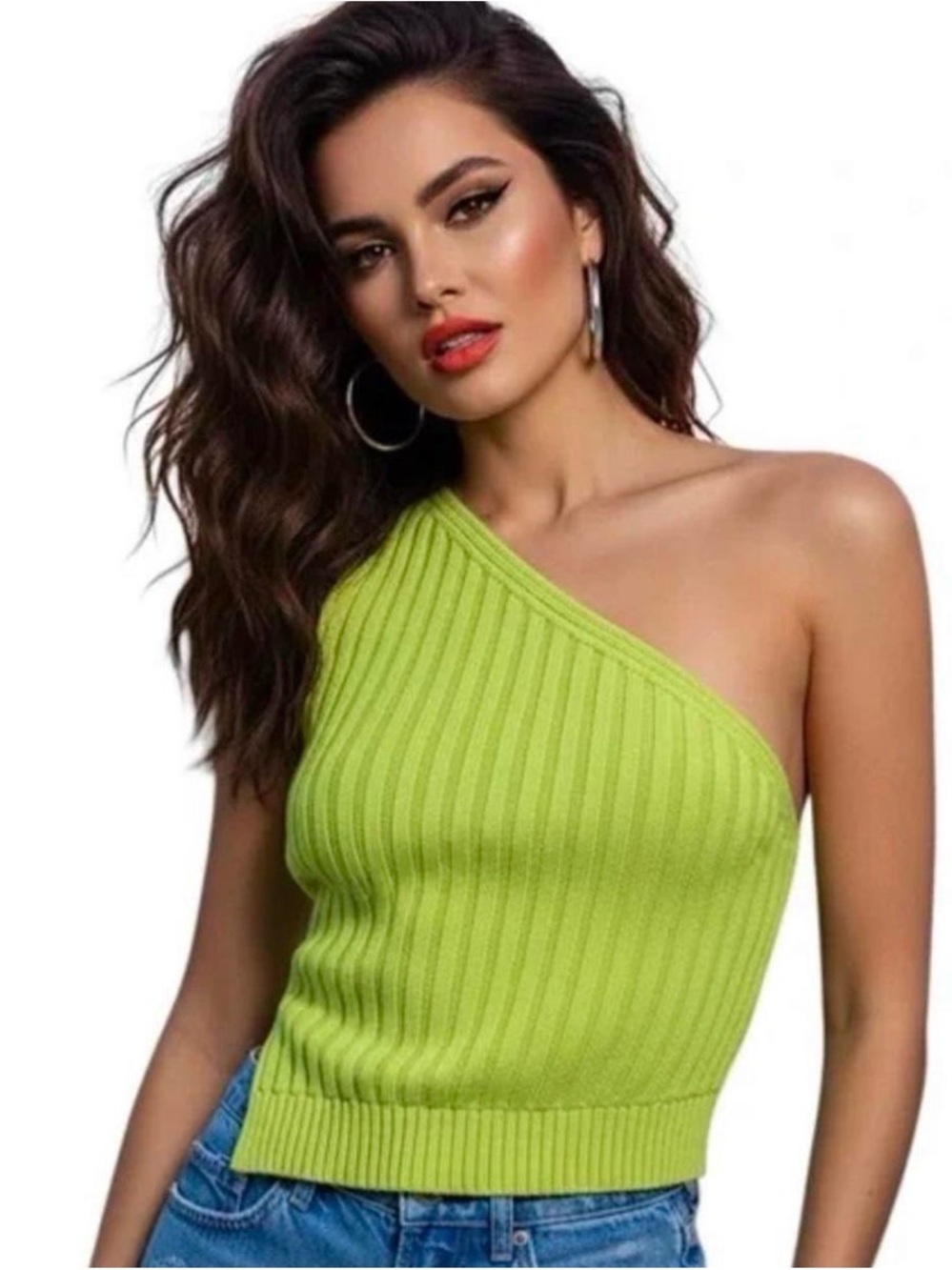 One-Shoulder Ribbed Knit Tank Top - Lime Green